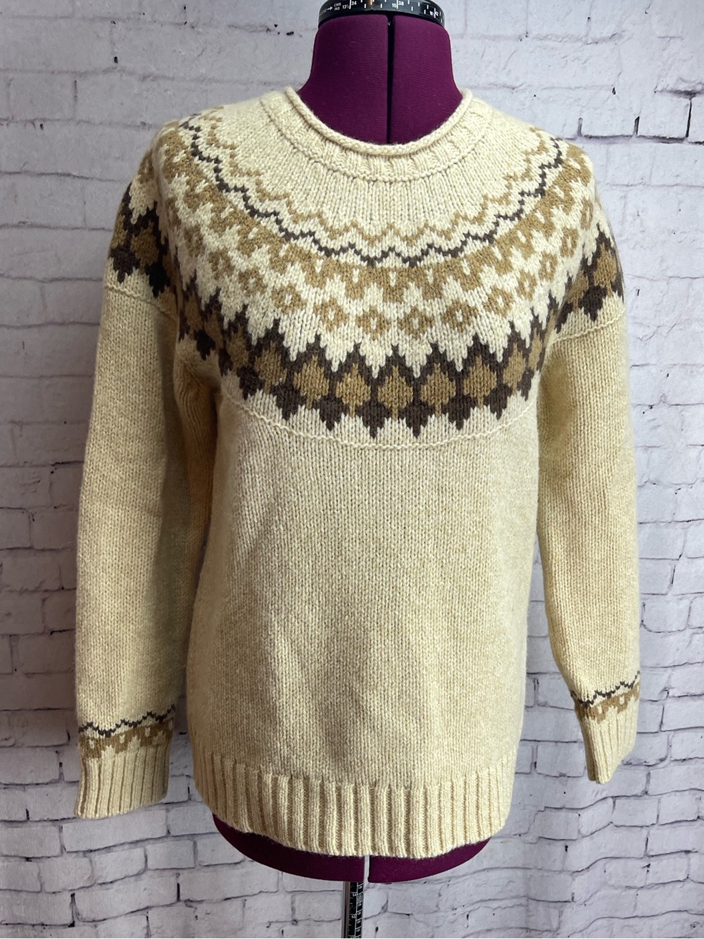 LL Bean size small lambswool fair isle sweater cream and brown